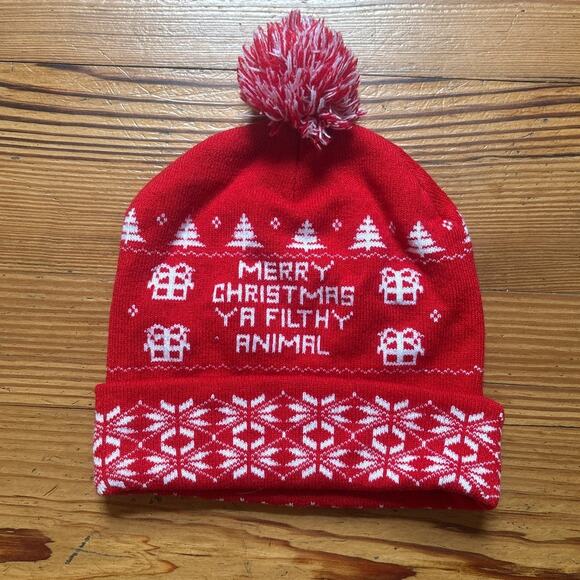 Merry Christmas filthy animal Home Alone red white pom knit beanie winter hat - Picture 1 of 4